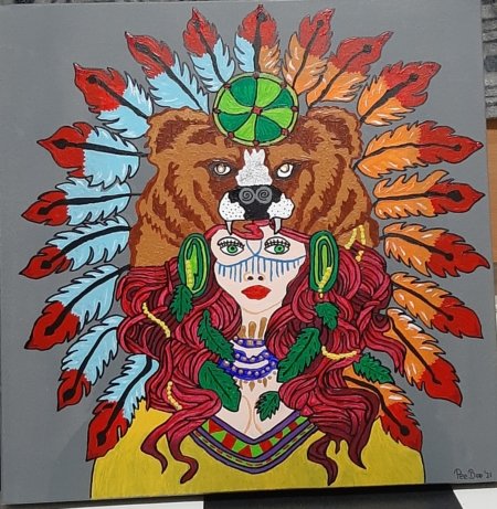 Woman. Feathers and Bear